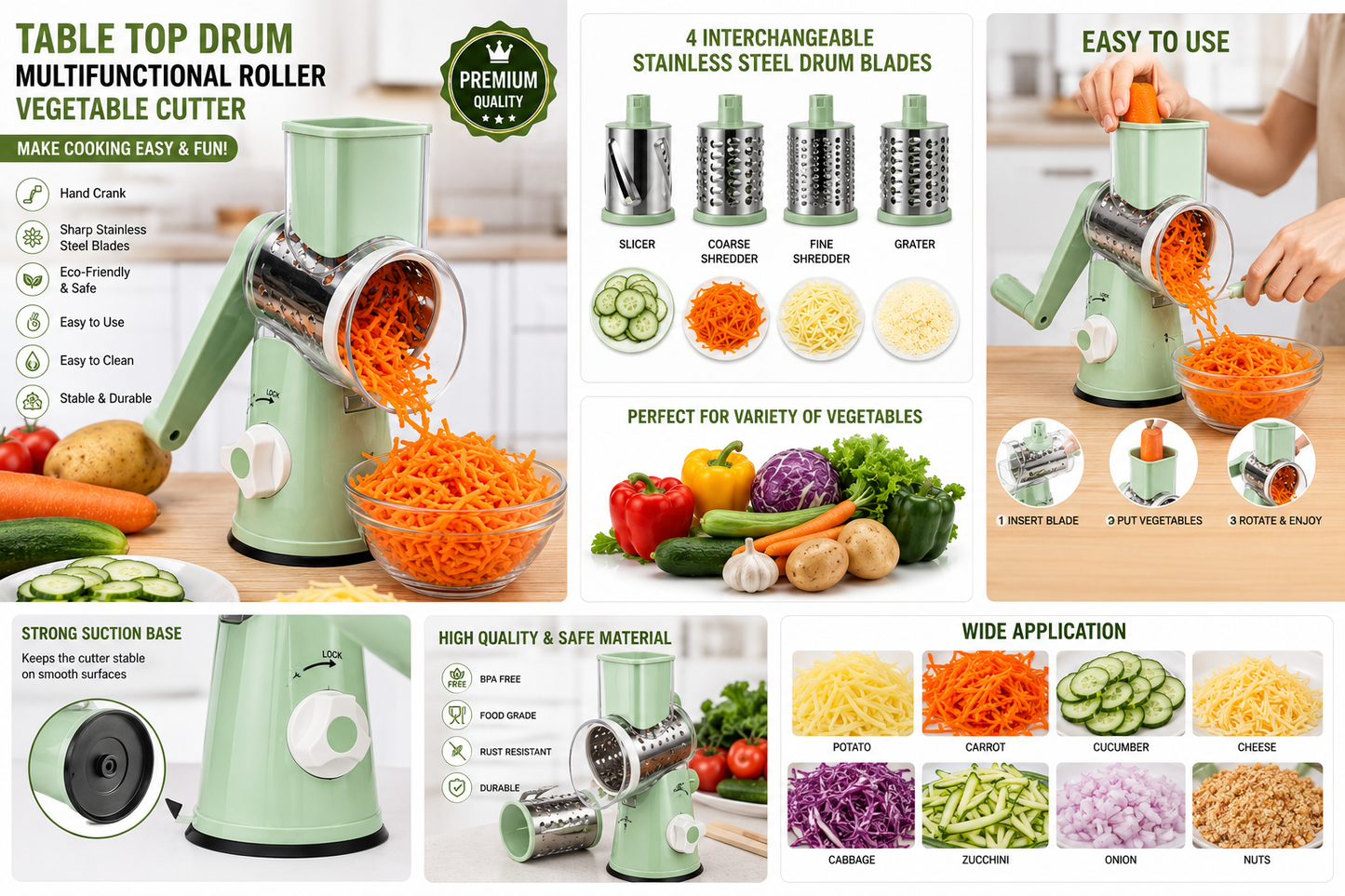 GadgetWala Table Top Drum Vegetable Cutter & Grater – Multifunctional Hand Crank Kitchen Shredder & Potato