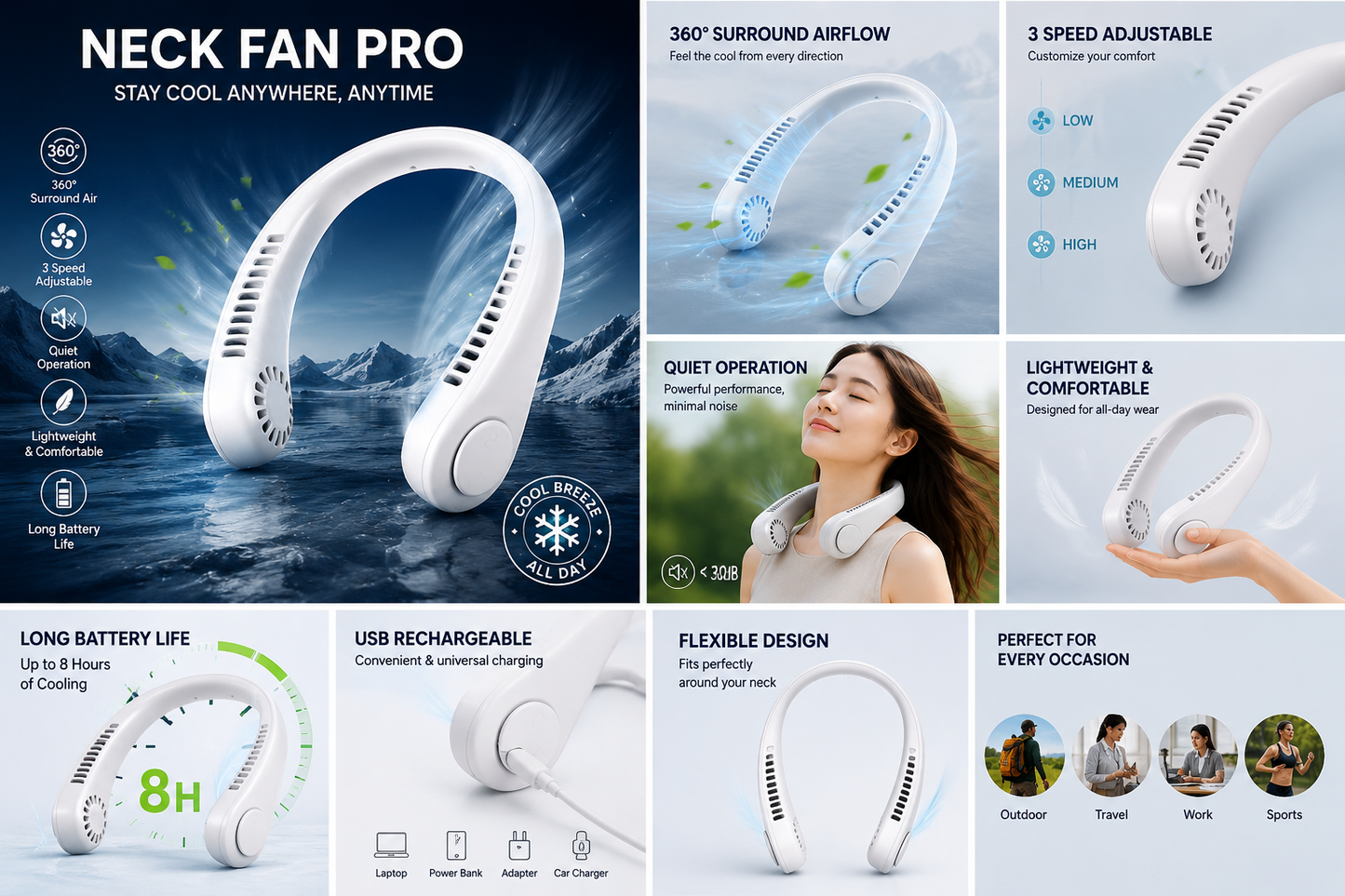 Portable Hanging Neck Fan | Mini Neck Fan | 3-Speed Hands-Free Personal Fan | Rechargeable Wearable Fan